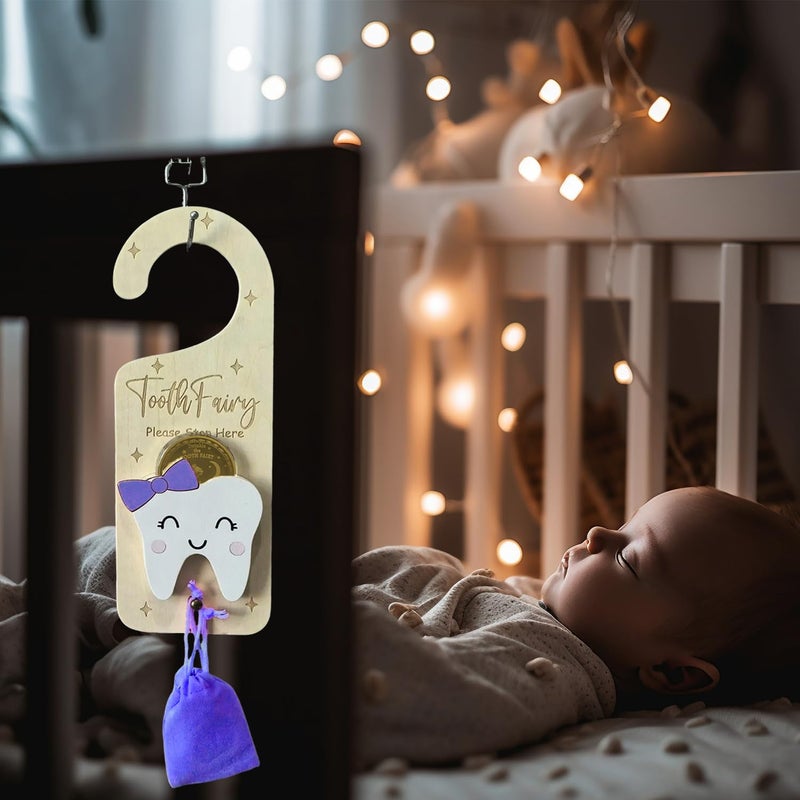 PAMBO Tooth Fairy Door Hanger, Wooden Tooth Fairy Money Holder with Tooth Coins for Lost Tooth Kids Gifts (Purple) - Image 2